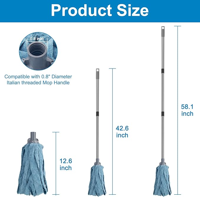 KeFanta Mops for Floor Cleaning,One Mop Handle with 2 Blue Microfiber Cloth Mops Head Replacement,String Wet Mop Refills Compatible with 0.8" Diameter Stick(1 Pole & 2 Heads)