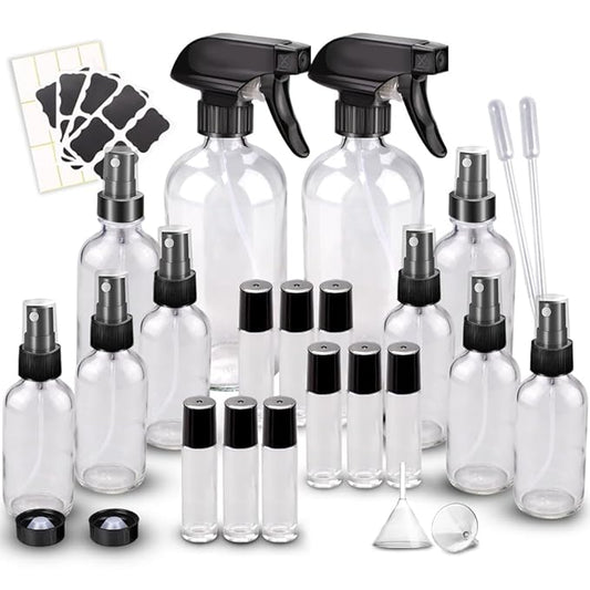 Glass Spray Bottle Kit×10 (2×16 oz, 2×4 oz, 6×2 oz), 9×10 ml Roller Bottles, Anti UV, Multi Size and Versatile, Suitable for Aromatherapy, Facial Moisturizing, Watering, etc.(Clear)