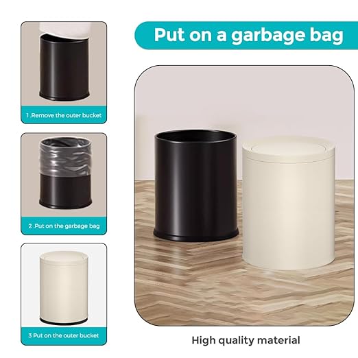 3.17 Gallon/12L Metal Trash Can with Swing Lid, Double Bucket Waste Basket,White,Modern,Elegant Garbage can,for Bathroom,Living Room,Kitchen,Office,Home,Bedroom(12L-White)