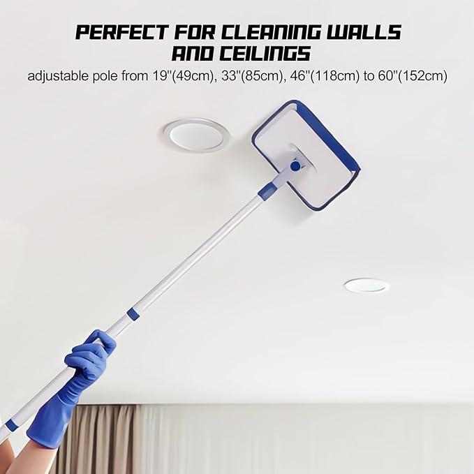 Qaestfy Baseboard Cleaner Tool with Handle, Wall Floor Mop with Extendable Long Handle Duster for Cleaning Window, Floor, Skirting Board, Ceiling, Shower, Tub Tile, Kitchen with 6 Reusable Pads