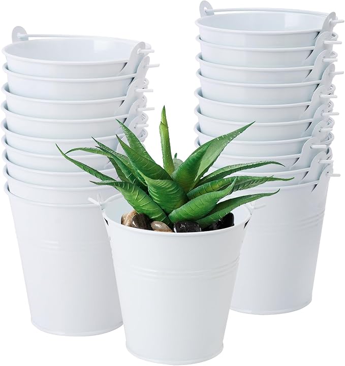 20 Pack 4 Inch White Mini Metal Bucket, Elegant Galvanized Buckets with Handles, Tin Buckets, Small Iron Bucket, Mini Metal Pail for Party Favors, Crafts, Garden & Beach