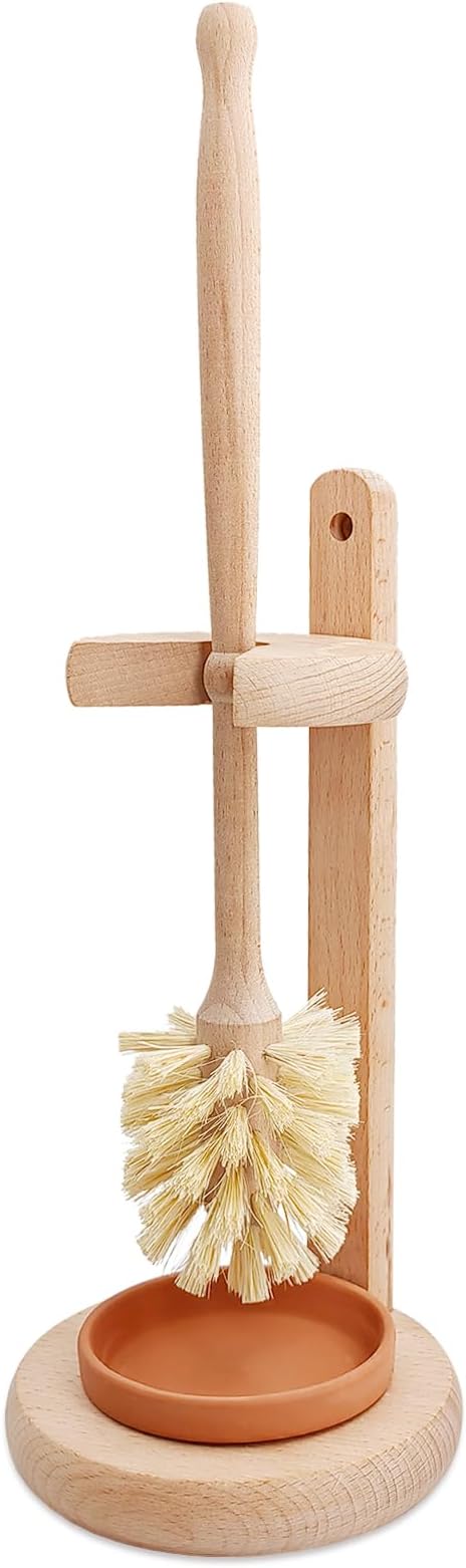 Wood Toilet Brush and Holder Set, Beechwood Toilet Bowl Cleaner Brush for Bathroom, Sisal Bristles Toilet Scrubber with Stand