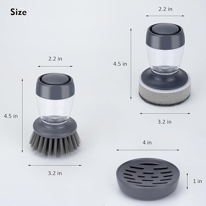 Dish Brush with Soap Dispenser, Kitchen Scrub Brush for Dishes Pots Pans Sink Cleaning, Dish Scrubber with Holder Set (Grey 2-Pack Combo Set)