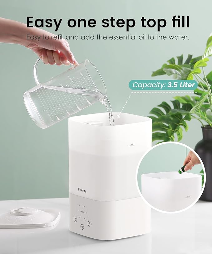 Humidifiers for Bedroom Home, 3.5L Top Fill Air Cool Mist Humidifiers for Baby Large Room Indoor Plants Nursery, Night Light, White