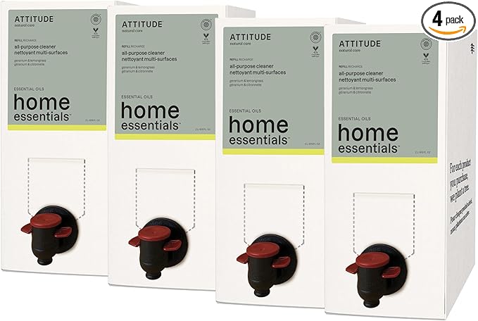 ATTITUDE Multi-Purpose Cleaner with Essential Oils, EWG Verified, Plant and Mineral-Based Ingredients, Vegan Household Products, Bulk Refill, Geranium and Lemongrass, 67.6 Fl Oz (Pack of 4)