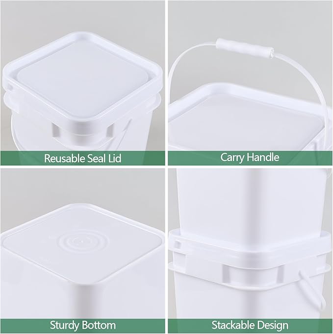3 Gallon Plastic Bucket with Sealed Lid, 4 Pack Small White Square Bucket Pail Food Grade