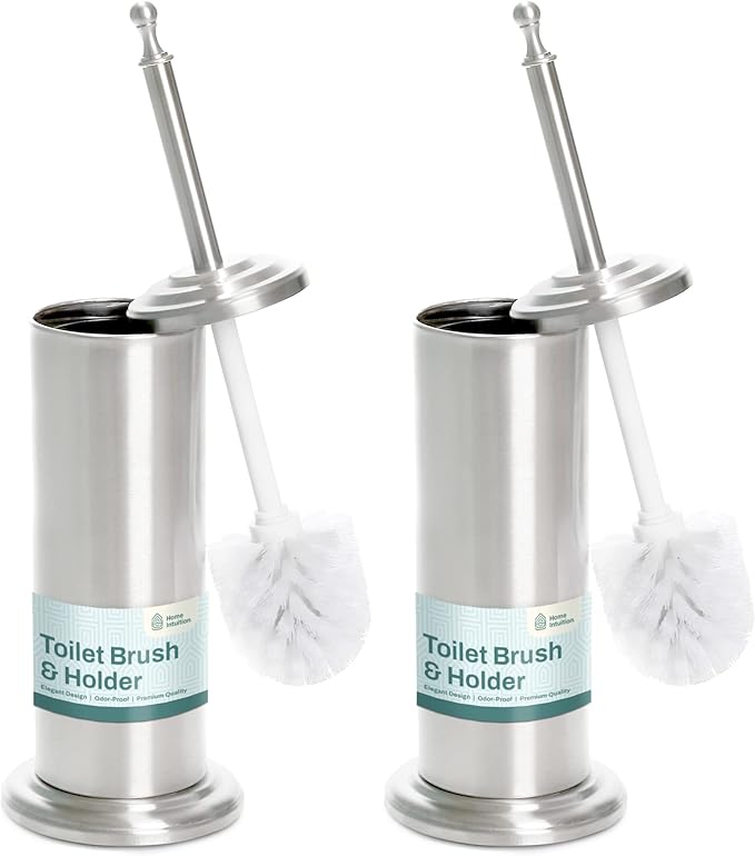 2 Pack Stainless Steel Modern Toilet Brush & Holder Set Bathroom Bowl Cleaner Brush with Caddy