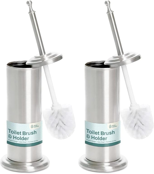 2 Pack Stainless Steel Modern Toilet Brush & Holder Set Bathroom Bowl Cleaner Brush with Caddy