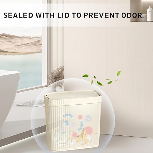 UUJOLY Small Bathroom Trash Can with Lid Slim Wastebasket Garbage Can Plastic Container Basket Trash Bin for Kitchen, Laundry Room, Office, Kids Room, Dorm, Beige, 2.4 Gallon, 2 Pack