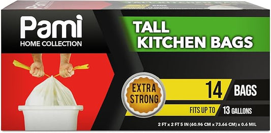 PAMI Tall 13-Gallon Kitchen Drawstring Trash Bags [14-Pack, White] - Extra-Strong Plastic Garbage Bags- Thick Trash Can Liners For Kitchen, Bathroom & Outdoor Bins- 2ft x2ft Unscented Trash Bags