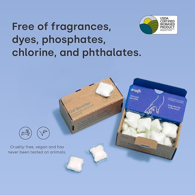 Dropps Oxi Booster Pods, Unscented (120 Pods) - Chlorine-Free Bleach Alternative Biobased Laundry Whitener & Stain Remover for Extra Tough Stains - Fragrance-Free & Hypoallergenic for Sensitive Skin