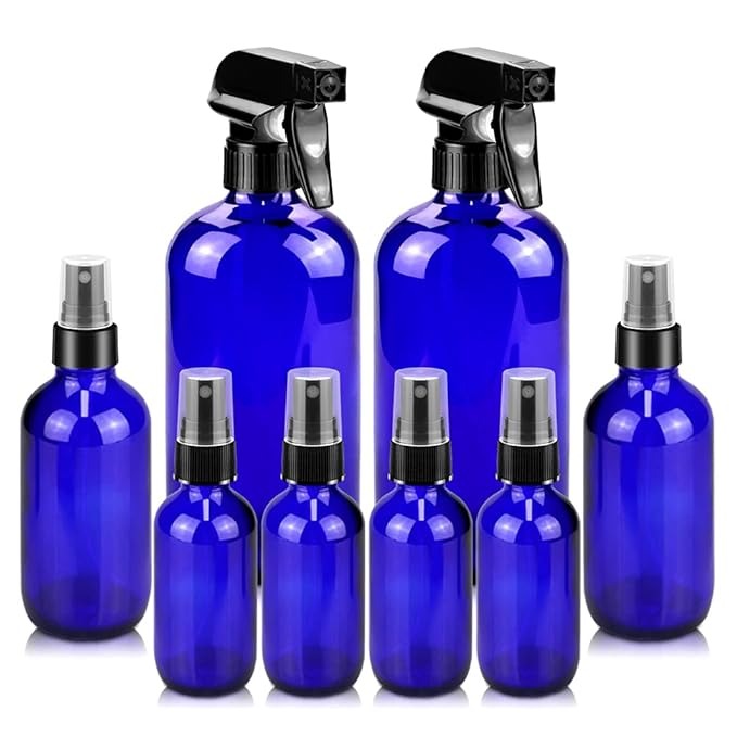 Glass Spray Bottles, 16oz*2+4oz*2+2oz*4 Refillable Containers, Empty Boston Round Bottles with Adjustable Nozzle for Cleaning, Gardening, Aromatherapy, Pets, Plant, Hair - Blue
