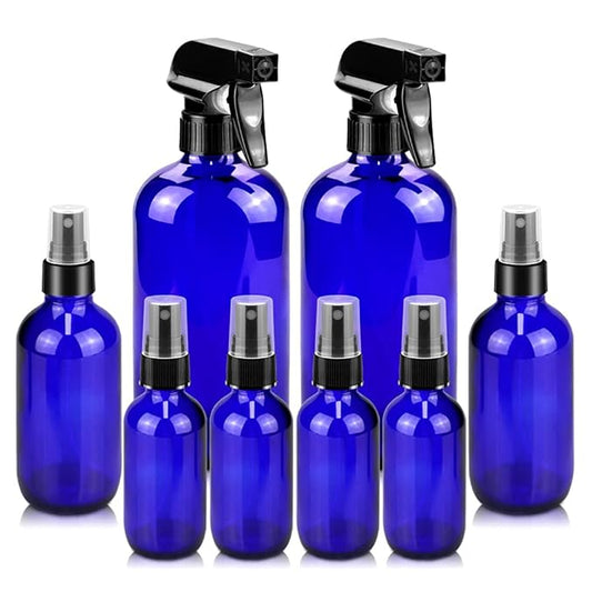 Glass Spray Bottles, 16oz*2+4oz*2+2oz*4 Refillable Containers, Empty Boston Round Bottles with Adjustable Nozzle for Cleaning, Gardening, Aromatherapy, Pets, Plant, Hair - Blue