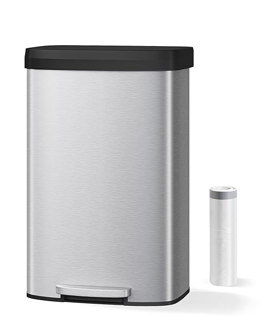 Garvee 21 Gallon / 80 Liter Stainless Steel Trash Can with Lid, Large Garbage Can for Kitchen, Rustproof Step-on Kitchen Metal Trash Bin with Liner Rim, Rear Handle, Soft Close Plastic Lid, Silver