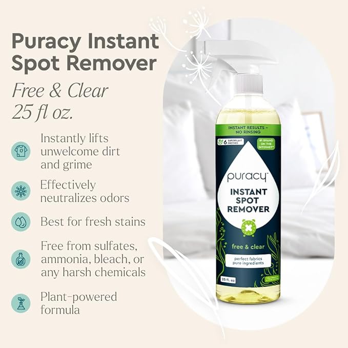 Puracy 25oz Instant Spot Remover & Fabric Stain Remover - Cleaning Spray, Stain Spray - Car Cleaner - Carpet Stain Remover, Carpet Spot Cleaner, Carpet Cleaning Solution, Free & Clear, 25 Fl Oz