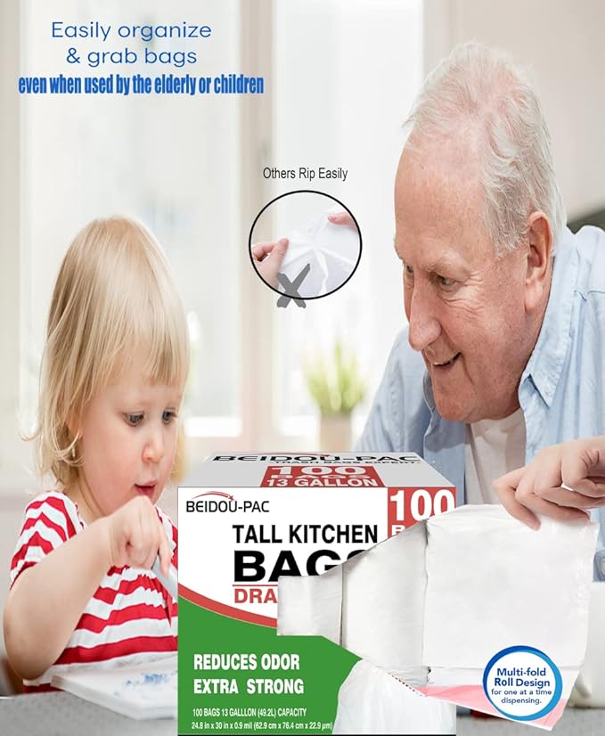 Trash Bags 13 Gallon Drawstring, 100 Count, Multifold Roll Garbage Bags, Tall Kitchen Trash Bag, Odorless & Extra strength White Plastic Food Scrap Bag for Home Office Bathroom Kitchen Bins