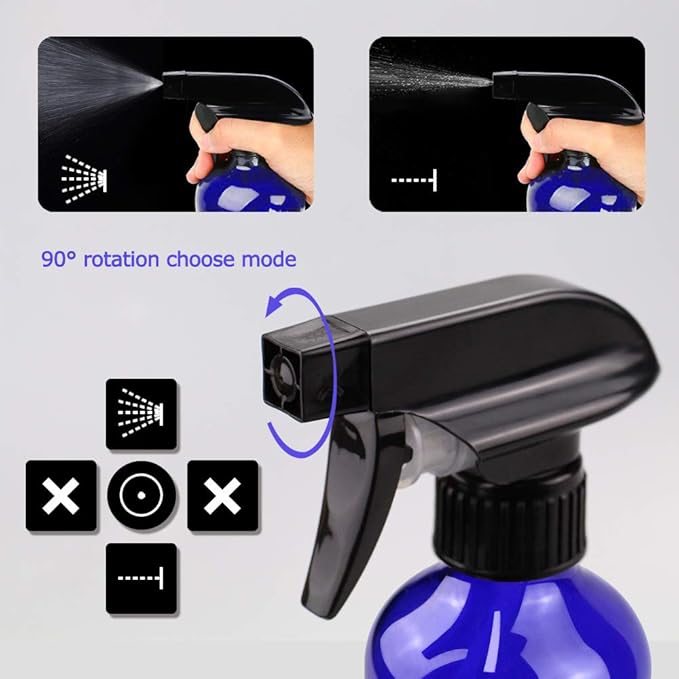 Glass Spray Bottles, 16oz*2+4oz*2+2oz*4 Refillable Containers, Empty Boston Round Bottles with Adjustable Nozzle for Cleaning, Gardening, Aromatherapy, Pets, Plant, Hair - Blue