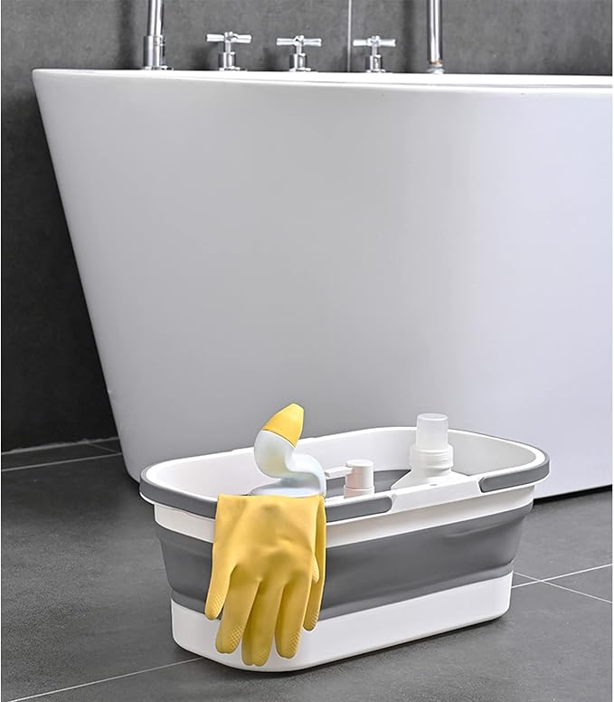 Collapsible Plastic Bucket with Wheels 12L (3.17 Gallon) for House Cleaning, Camping, and RV - Multi-Purpose Rectangular Handy Basket for Cleaning Mop - Lightweight and Portable (Grey)