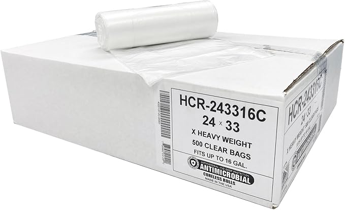 Aluf Plastics High Density Trash Bags, 12-16 Gallon, 500 Count, 16 Micron (eq), 24" x 33", Clear, For Bathroom, Office, Industrial, Commercial, Janitorial, Municipal, & Recycling
