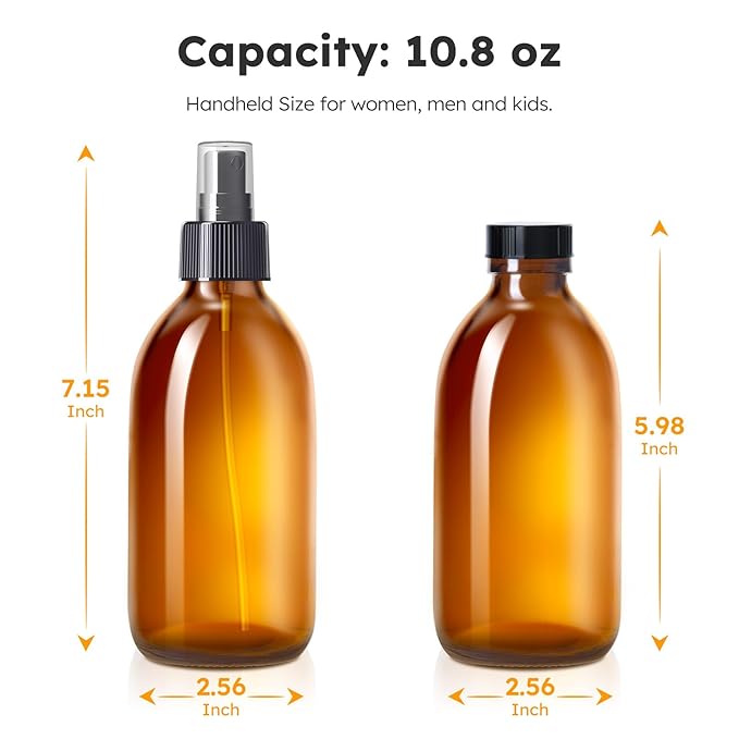 Tecohouse Amber Glass Spray Bottles 10.8oz, 2 Pack Empty Spray Bottle for Essential Oils, Small Glass Bottles for Cleaning Solutions, Plants, Hair with Durable Nozzle, Labels, Funnel