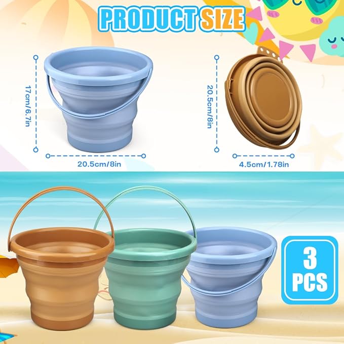 3PCS Foldable Beach Bucket Sandbox Kit Toys for Kid Adult, Collapsible Small Bucket for Washing Camping Fishing, Silicone Sand Pail for Garden Planting, Travel, Beach Summer Toy Gift for Boy Girl