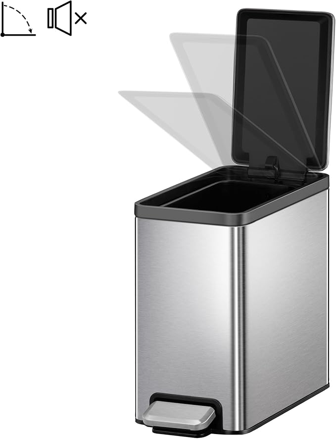 EKO Slim Small Bathroom Trash Can with Lid, Stainless Steel Small Garbage Can with Removable Inner Bucket, 6L / 1.6 Gal, Step On Trash Bin