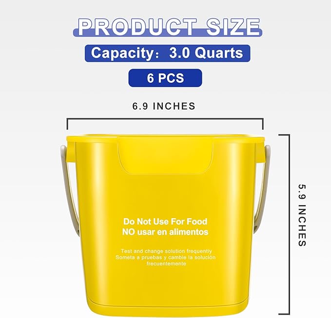 Roshtia 6 Pcs 3 Quart Cleaning Bucket Small Sanitizing Square Bucket Detergent Pail for Home Commercial Restaurant Kitchen Office School (Yellow)
