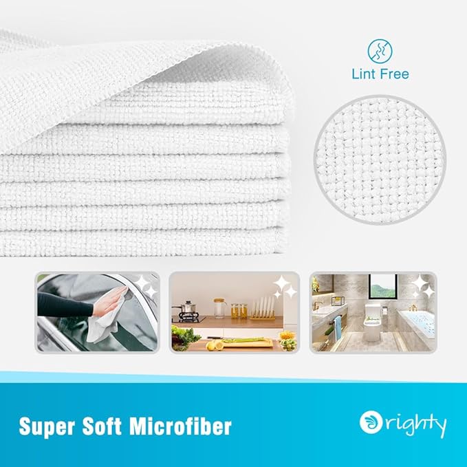 Orighty Microfiber Cleaning Cloth, 12 Pack Microfiber Towels for Cars, Highly Absorbent Car Cleaning Supplies, Lint Free Cloths Clean Rags for Car Care, House, Kitchen, 12x12 inch, White