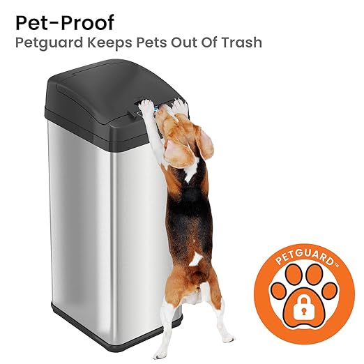 iTouchless 13 Gallon Pet-Proof Sensor Trash Can with AbsorbX Odor Filter Kitchen Garbage Bin Prevents Dogs & Cats Opening Lid, Stainless Steel plus PetGuard, Battery and AC Adapter (Not Included)