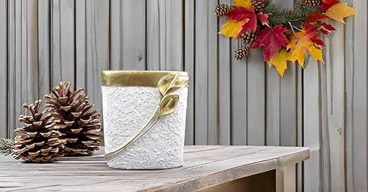 Hymmah Bathroom Trash Can 1.8 Gallon(7 Liter) Small Kitchen Garbage Can,Decor Wastebasket for Bedroom Office,Resin Hand-Carved Colla Lotus White&Gold