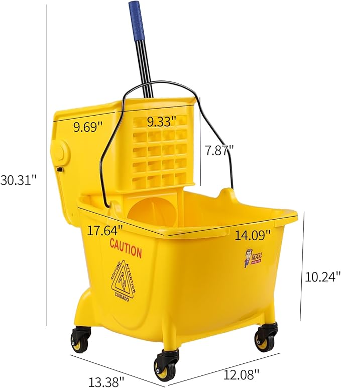 Mop Bucket with Side Press Wringer, 25 Quart Bucket on Wheels for Mopping Floors, Yellow