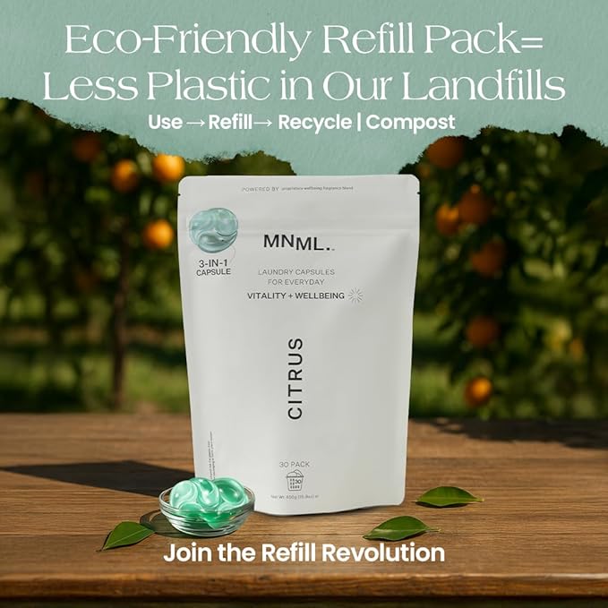 MNML Citrus Laundry Pods designed for Vitality & Wellbeing, Eco-Friendly Natural Laundry Detergent Pods for Sensitive Skin. No Plastic, Natural Bio-Enzymes, Luxury Fragrance, 30ct Capsules, Refill Bag