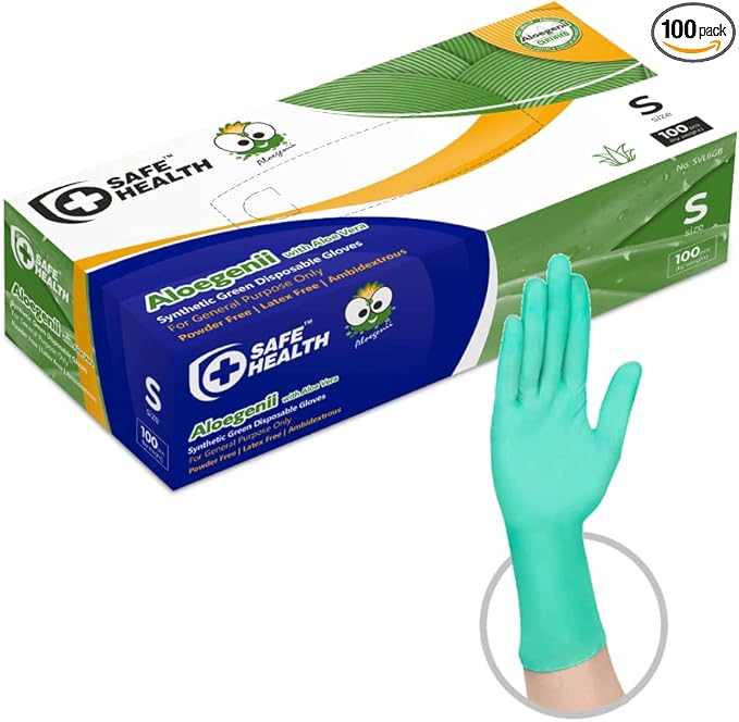 Safe Health Aloegenii HD Green Vinyl Disposable Gloves, Aloe Vera Coated, 5.5 mil, Box of 100, Small, Latex Free, Powder Free, Cleaning, Food Service, Office, Janitorial