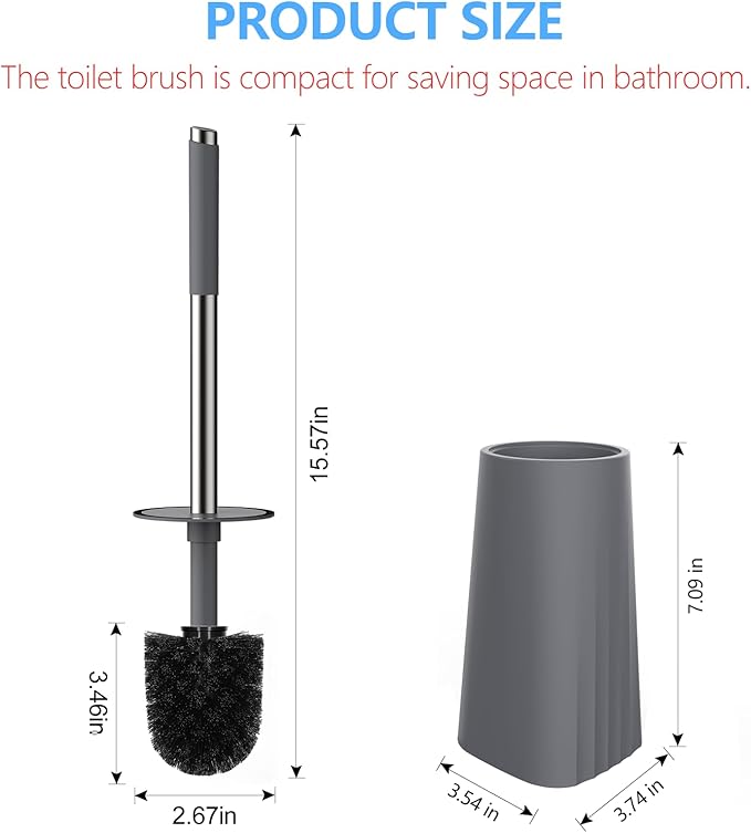 SetSail Toilet Brush, Compact Size Toilet Bowl Brush and Holder Toilet Brushes for Bathroom with Stainless Steel Handle Toilet Cleaner Brush with Durable Scrubbing Bristles, 3 Packs，Gery
