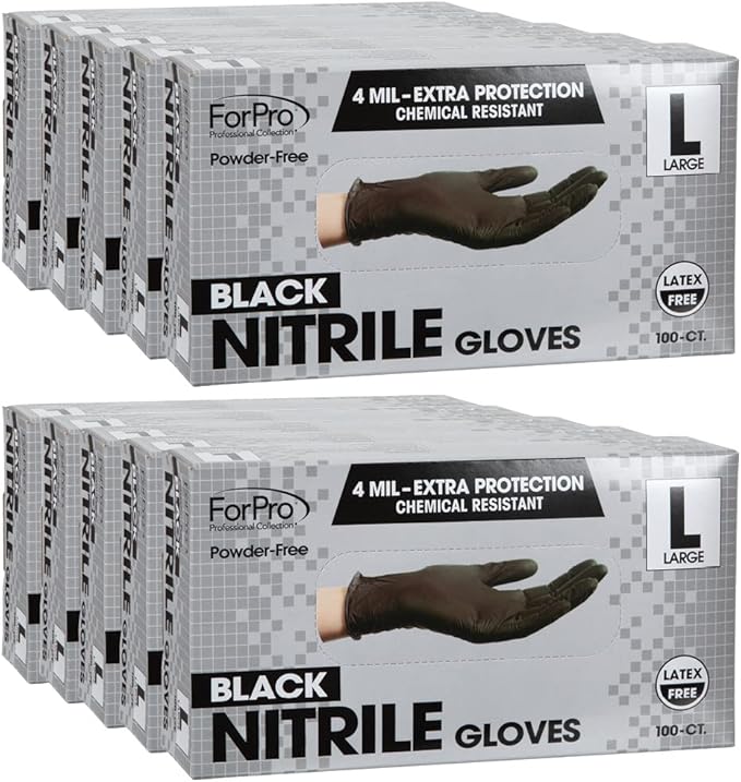 ForPro Professional Collection Disposable Nitrile Gloves, Chemical Resistant, Powder-Free, Latex-Free, Non-Sterile, Food Safe, 4 Mil, Black, Large, 1000-Count