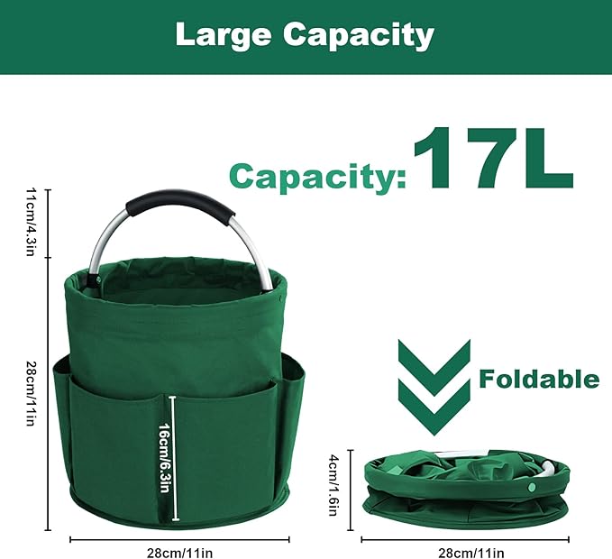 Cleaning Caddy with Handle, Cleaning Products Organiser, 17L Foldable Storage Basket, Cleaning Caddy Organiser, Portable Multi Cleaning Bucket Bag for Home, Garden (Green)