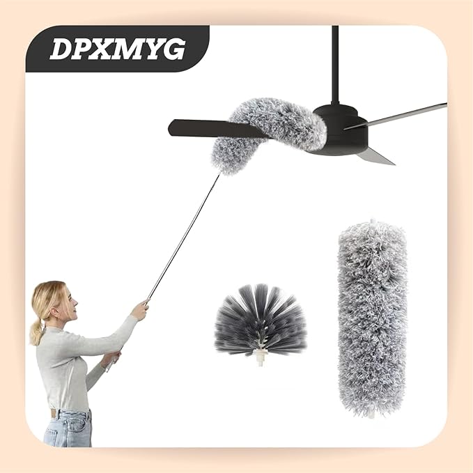 Ceiling Fan Cleaner Duster with Extension Pole, Washable Cleaning Duster Kit with 2 Duster Heads, Cobweb Duster, Corner Brush, 21-100 Inch Long Telescoping Pole
