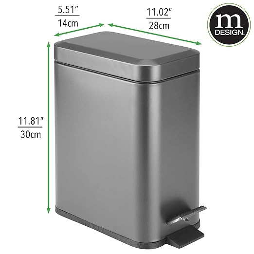 mDesign Small Modern 1.3 Gallon Rectangle Metal Lidded Step Trash Can, Compact Garbage Bin with Removable Liner Bucket and Handle for Bathroom, Kitchen, Craft Room, Office, Garage - Graphite Gray