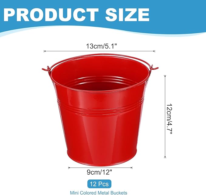 PATIKIL 5.1"x4.7" Small Metal Buckets with Handle, 12 Pcs Mini Galvanized Bucket Colorful Easter Buckets for Crafts Party Favors Decoration, Red