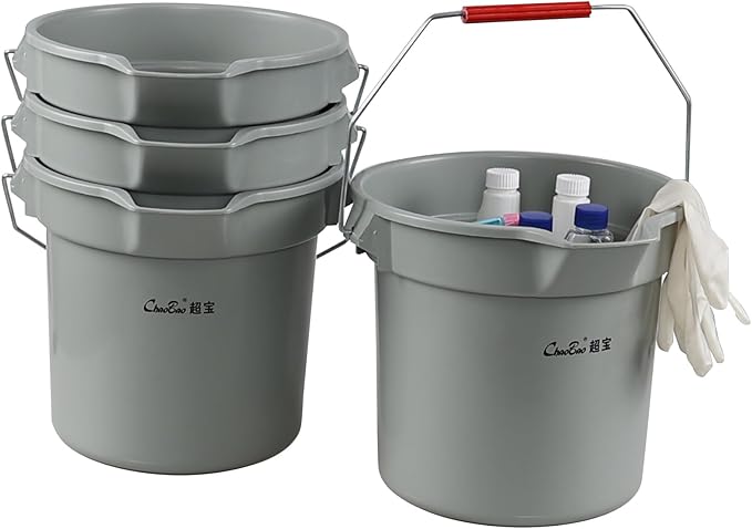 14 Quart Commercial Cleaning Pail with Handle, 4-Pack Plastic Bucket with Pour Spout, Grey