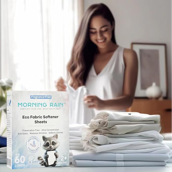 MorningRain Eco Fabric Softener Sheets for Washing Machine - Fragrance-Free, Preservative-Free, Ultra-Concentrated - 30 Sheets for Up to 60 Loads, Anti-Static, Reduces Wrinkles, Softens Clothes