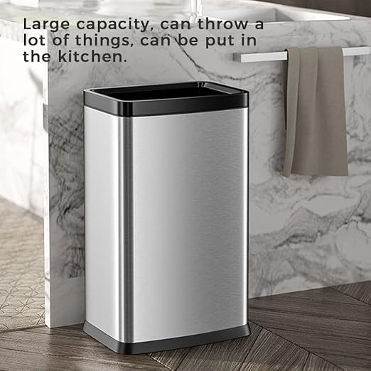 25L/6 Gallon Stainless Steel Square Trash Can, Large Kitchen Garbage Can, Office Commercial Trash Bin Silver Garbage Can, Large Open Top Waste Basket (25L Silver)