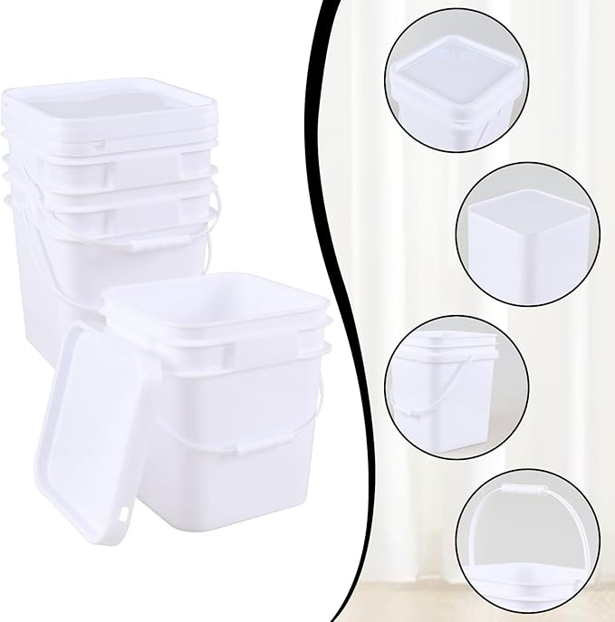 4 Gallon 4 Pack Plastic Square Utility Food Bucket with Lid and Handle, Utility Pail, White