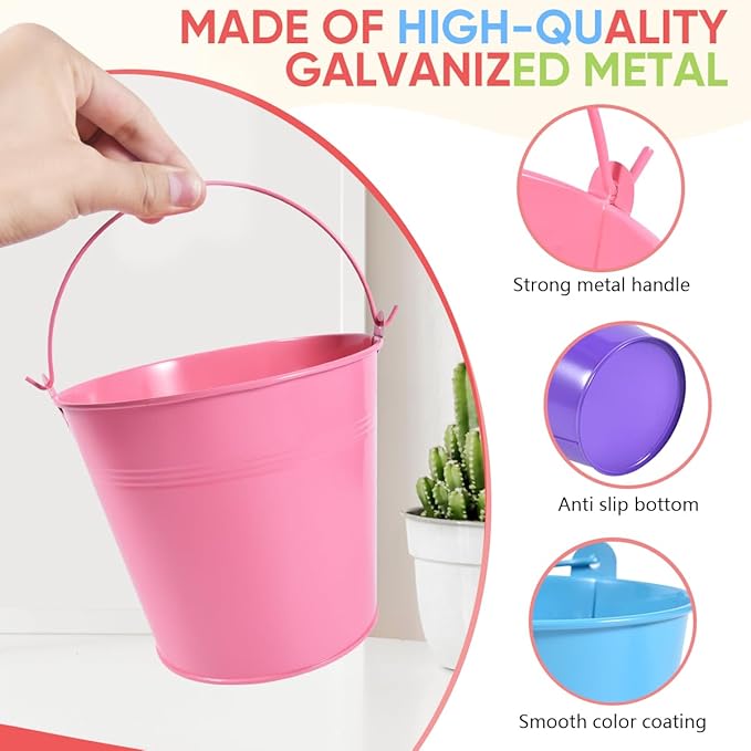 OBTANIM 7 Pack Colorful Metal Buckets with Handle Galvanized Ice Pails for Plants, Succulents, Party Favors Organizing, Rustic Home Decor or Classrooms Pencil Storage (6 x 4.4 inch)