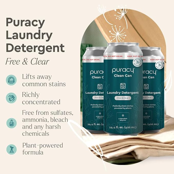 Puracy Liquid Laundry Detergent Clean Can Refill - Enzyme-Powered Liquid Laundry Detergent Concentrate, Natural Laundry Detergent Seen on TikTok, Non-Toxic (Free & Clear, 14.4 fl)