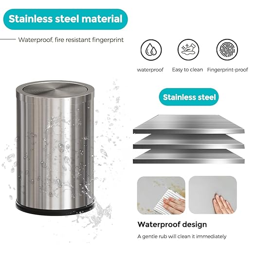 9L/2.4gallon Gold Bathroom Trash Can with Lid, Small Sliver Garbage Can, Single Layer Brushed Stainless Steel Swing Lid Trash Can for Bathroom, Toilet, Bedroom, Office, Living Room (Sliver)