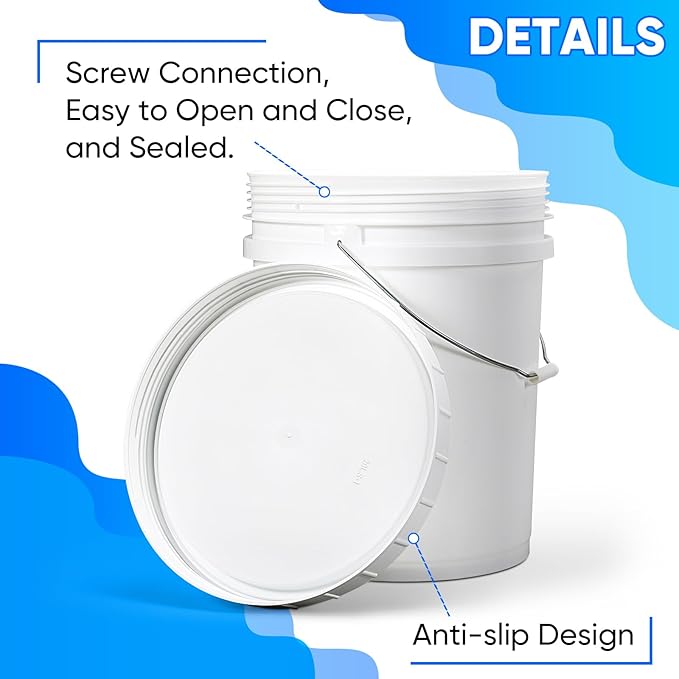 DEMORA 5 Gallon Food Grade Bucket with Screw Lid, Heavy Duty Plastic Buckets Containers for Food Storage, Plastic Pail with Metal Handle for Water Cleaning Paint Gardening, BPA Free (White, 3 Pack)