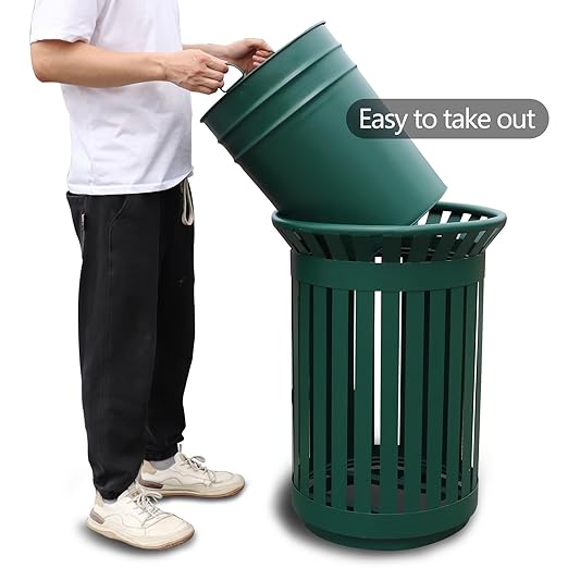 Outdoor Metal Slatted Trash Receptacle,Waste Receptacle，Commercial Trash Cans,Zone Round Garbage Bin,Square Hotel Street Patio Indoor Metal Stan (Big-Green)