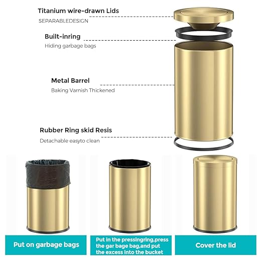 2.4 Gallon Brush Gold Bathroom Trash can with Lid, Modern, Luxury Garbage Can, Wastebasket for Bedroom Office Hotel (Gold Single Layer)