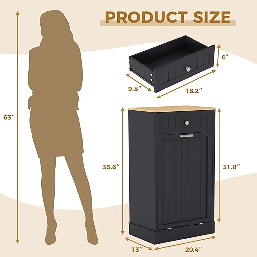 10 Gallon Tilt Out Trash Cabinet, Wood Freestanding Garbage Recycling Cabinet with 1 Door, Hideaway Drawer & Pet Proof Design, Black Trash Bin Holder for Kitchen, Living Room